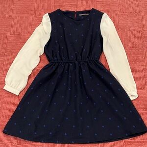 Elegant Navy Polka Dot Midi wool Dress with White Sleeves